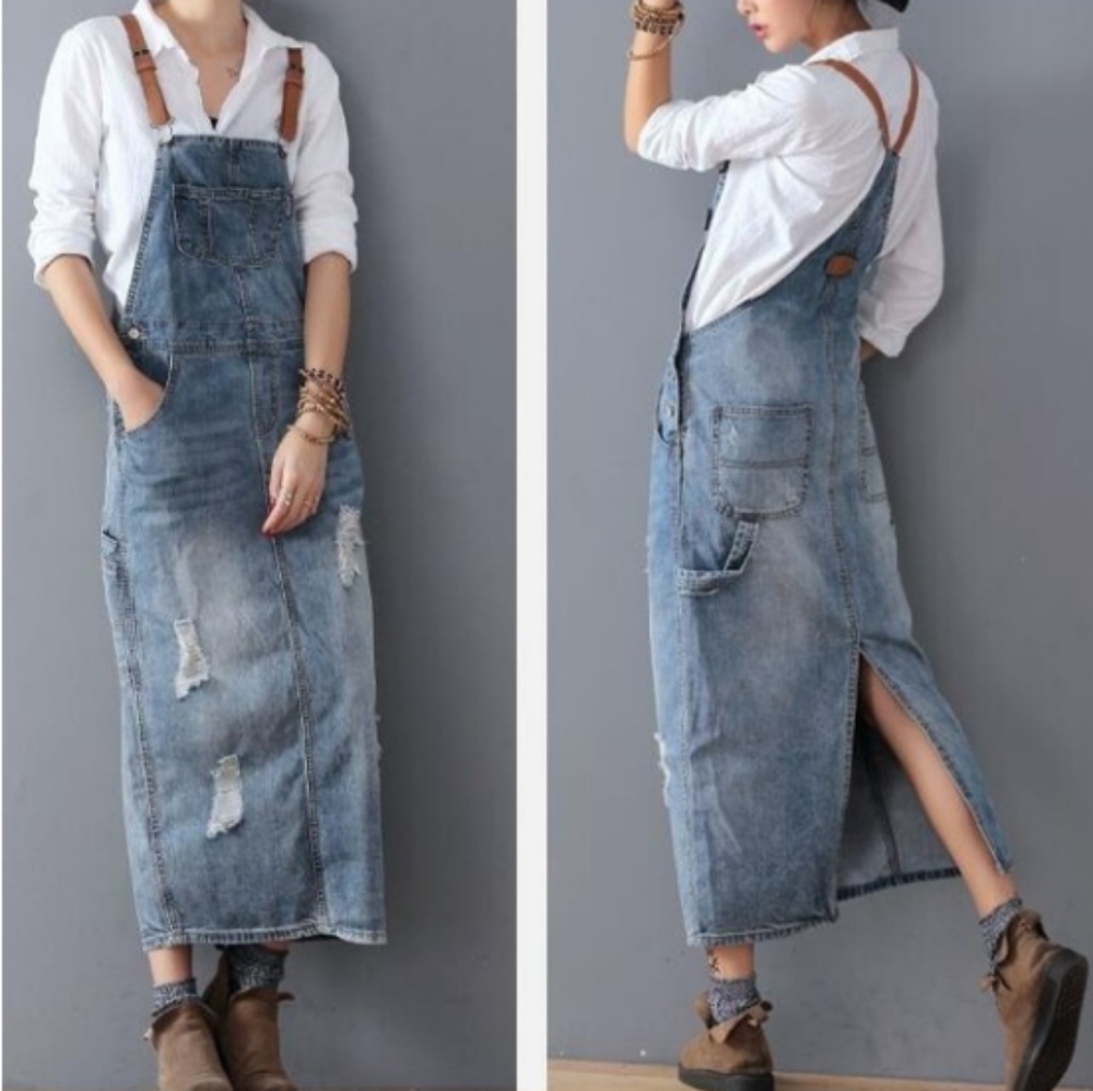 🆕Long Overalls Dress Denim Maxi Distressed Blue Jean Farmhouse Cowgirl Chic - S